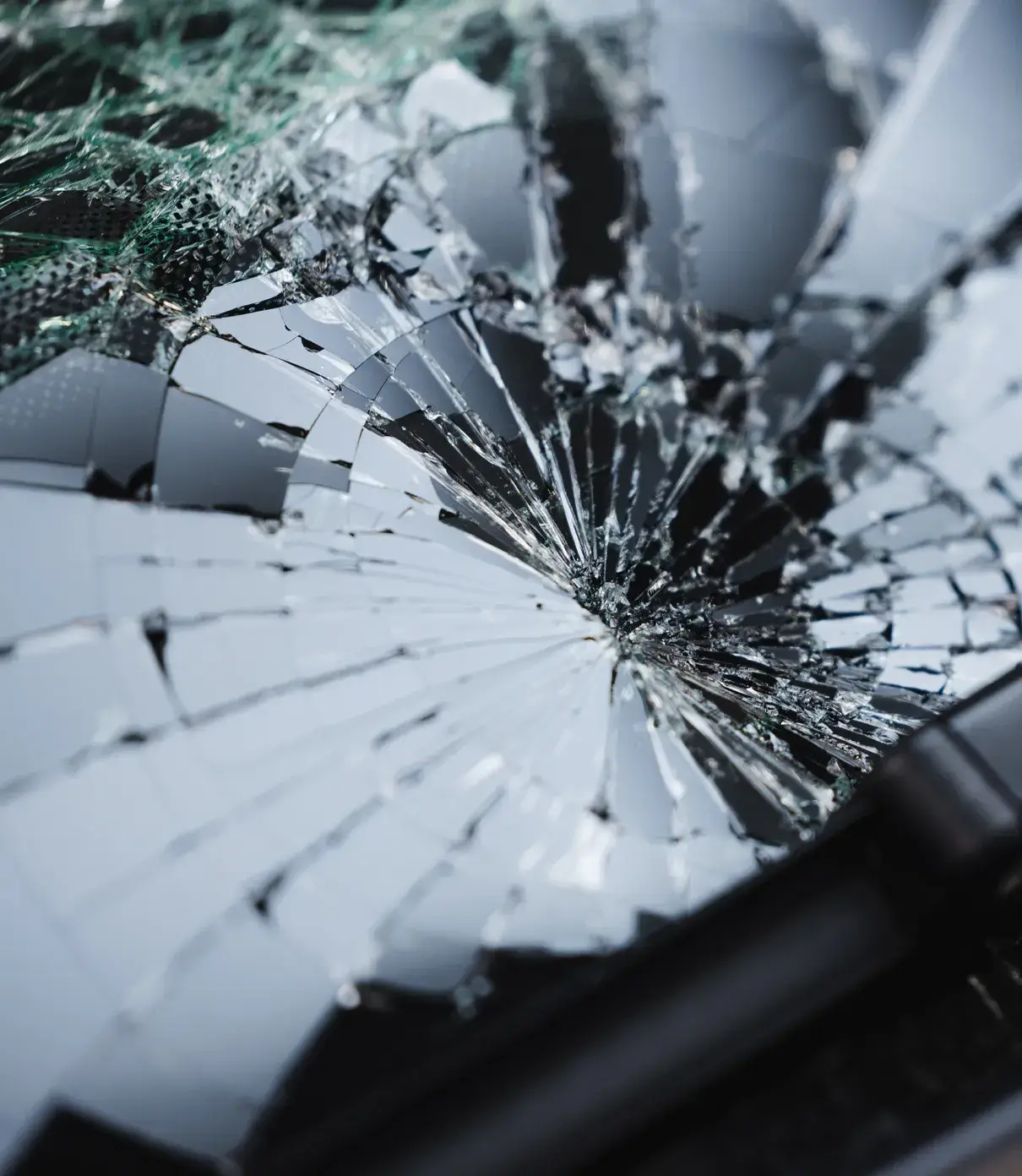 Detailaufnahme einer stark gesplitterten Windschutzscheibe, die dringend repariert oder ersetzt werden muss.