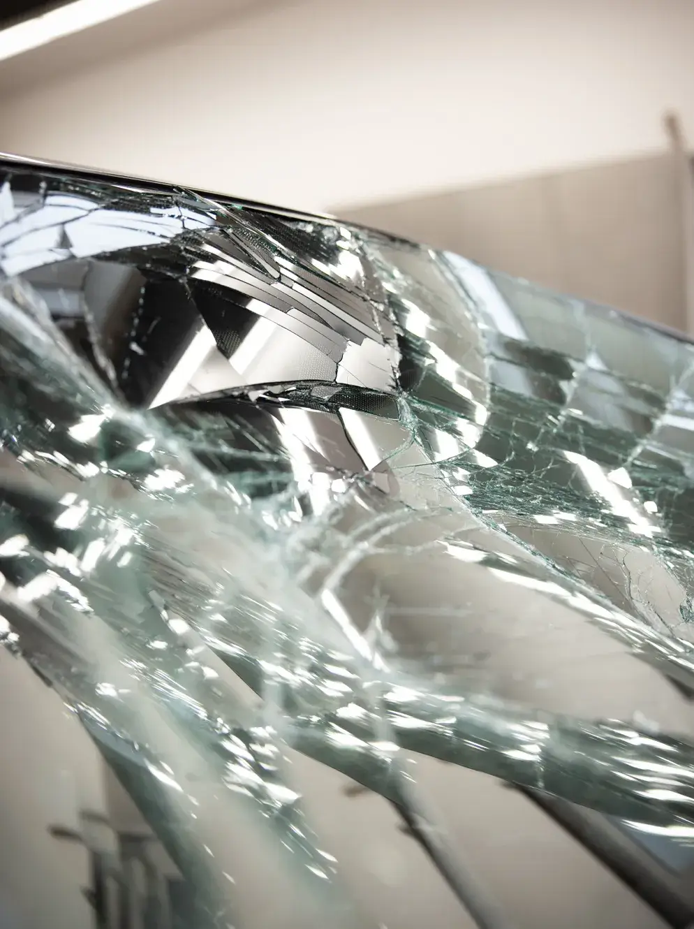 Stark beschädigte Windschutzscheibe mit Spannungsrissen und Spiegelungen unter Hallenlicht - typischer Unfallschaden.